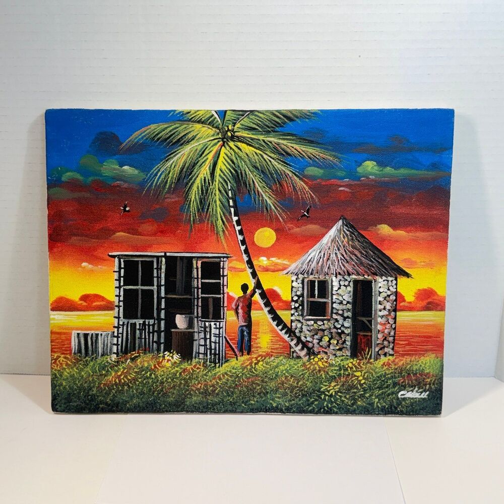 Vintage Original Caribbean Tropical Sunset Oil Painting Stretched Canvas Signed